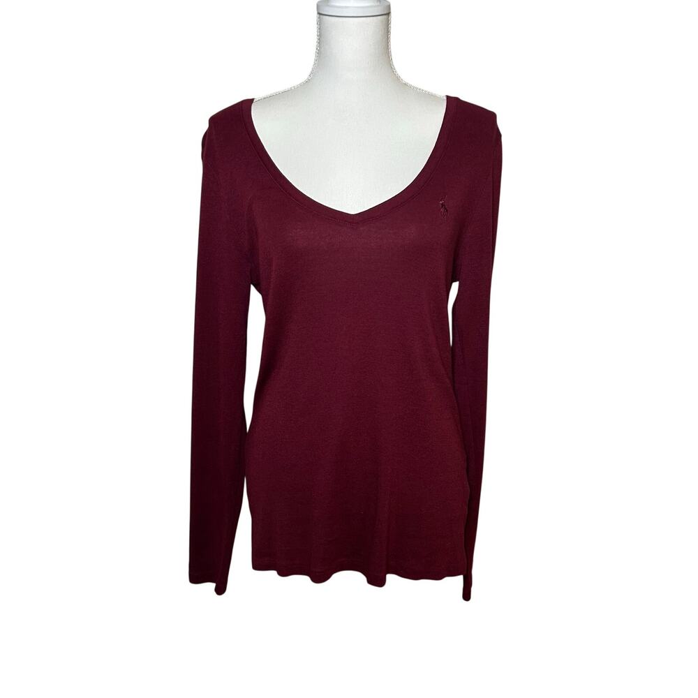 Ralph Lauren Sport women's burgundy v-neck long sleeve cotton blend‎ t-shirt XL